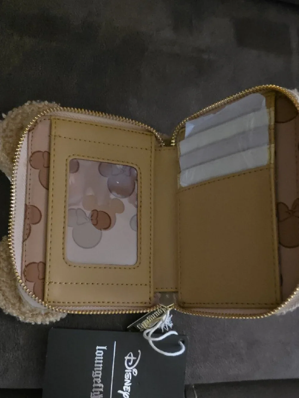 Loungefly Disney Kids Minnie Mouse Sherpa Wallet in Tan with Cream Bow